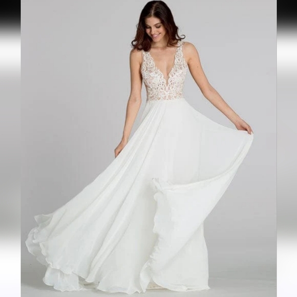 Tara Keely Dresses & Skirts - Tara Keely lace applique sheer ivory chiffon flowy wedding dress sz Small 2/4